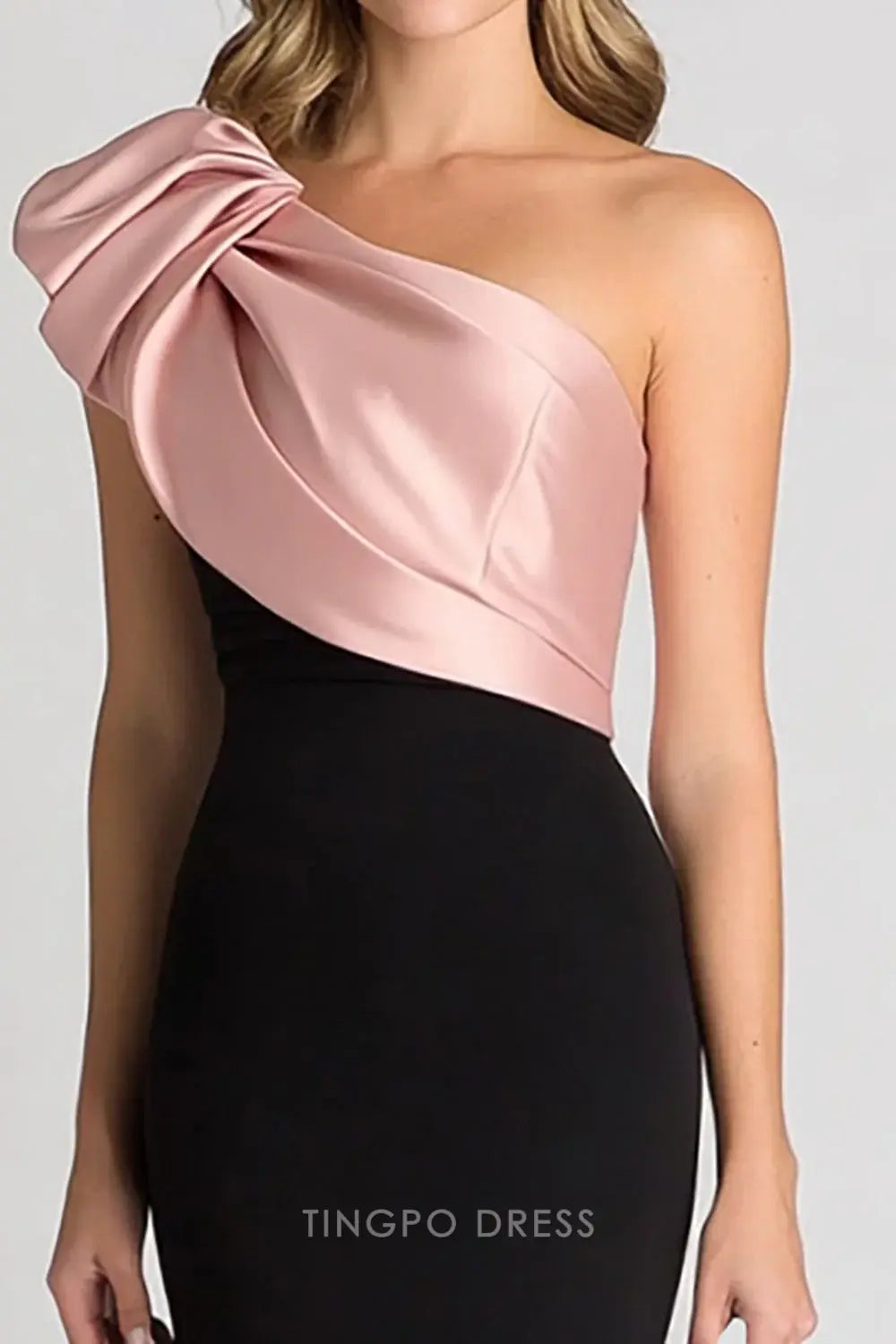 Elegant One-Shoulder Bow Detail Two-Tone Satin Mermaid Maxi Dress with Train Prom Dress